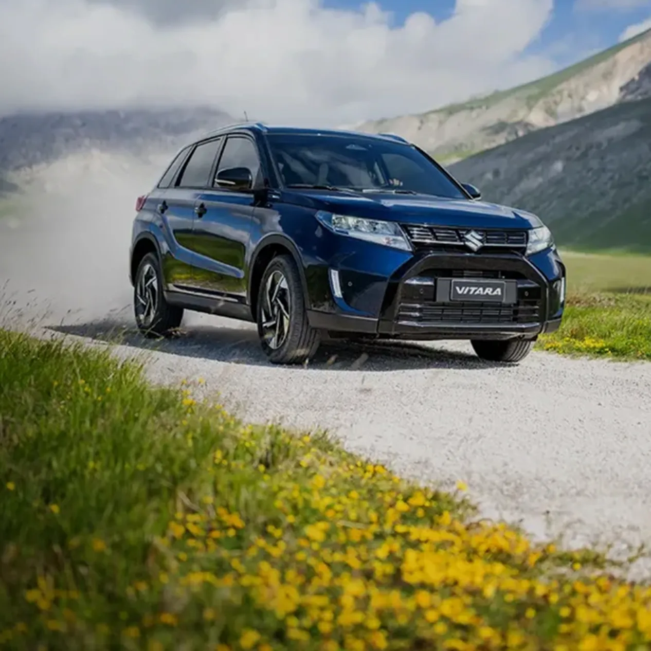 Een suzuki Vitara met op de achtergrond een gebergte.